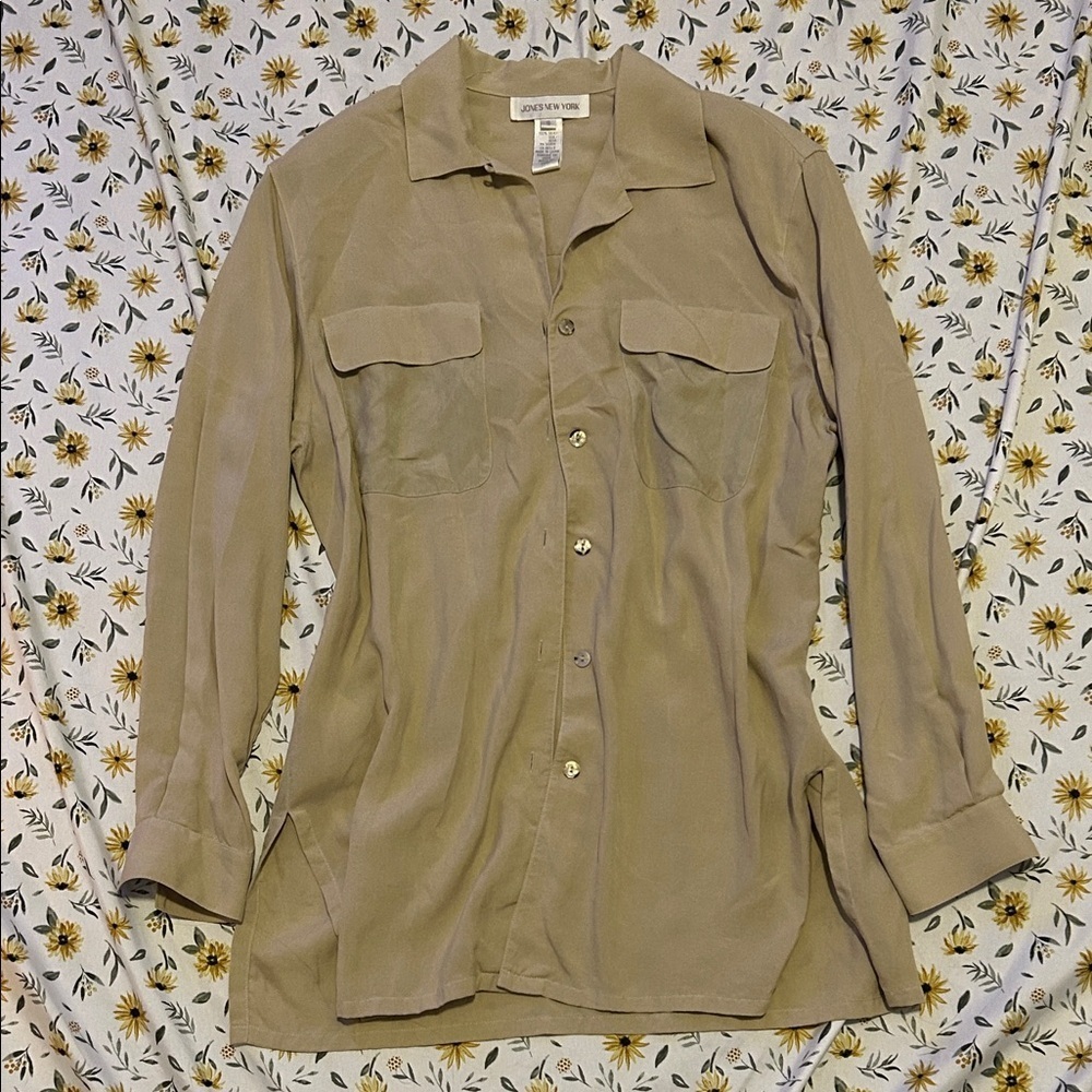Jones New York Silk Beige Button Down Blouse